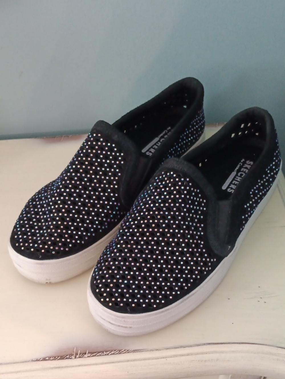 + Skechers Black Rhinestone Slip-On Platform Sneakers